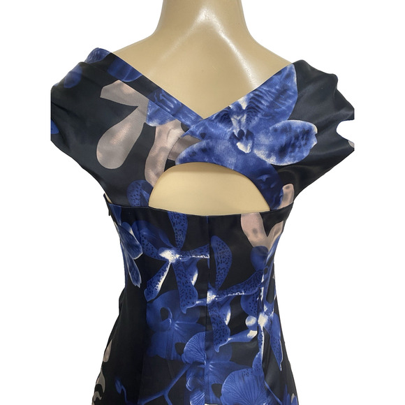 Karen Millen Floral Sheath Dress Asymmetrical Neck Blue Satin Cap Sleeve DK157 6 - Picture 5 of 8